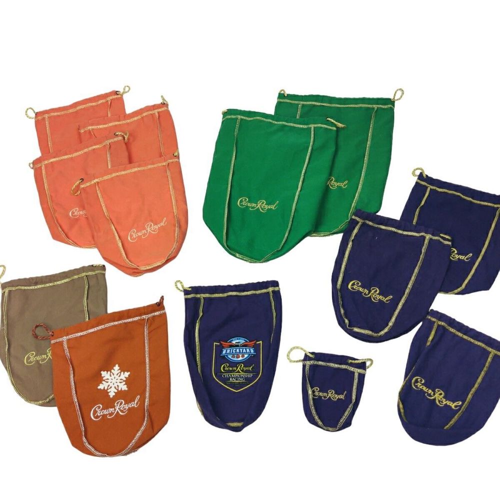 Lot of 13 Crown Royal Bags Brown Green Peach Large Medium & Tiny COOL‎